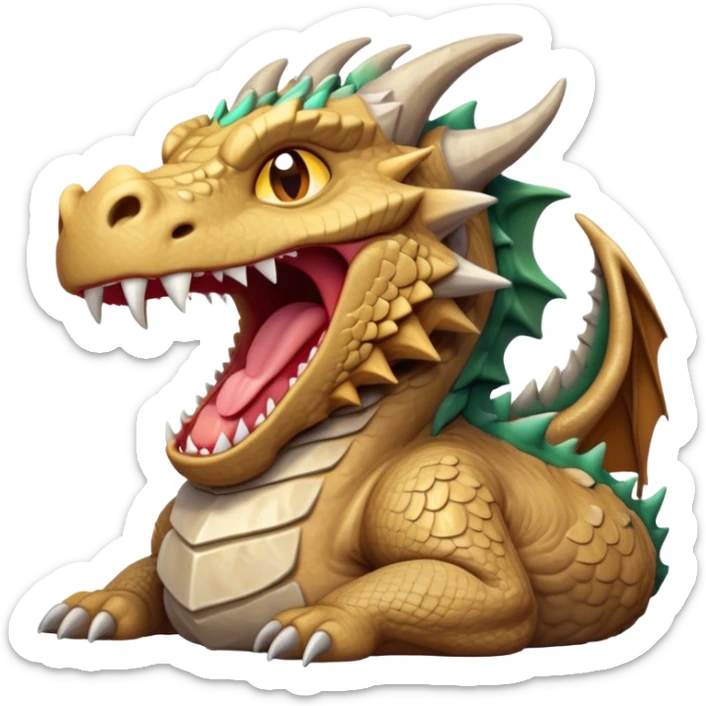 Cinematic Cute Yawning Giant Rock Dragon Portrait Emoji, Head tilted slightly with a dramatic, wide-open yawn, revealing a colossal, rugged body with weathered, rock-like scales and subtly drooping, earthy features rendered in authentic, stony texture; high shine, relaxed yet powerful, styled with a dash of timeless geological charm, soft glowing outline, capturing the essence of a sleepy but stoic rock behemoth ready to settle into an ancient, enduring slumber! sticker