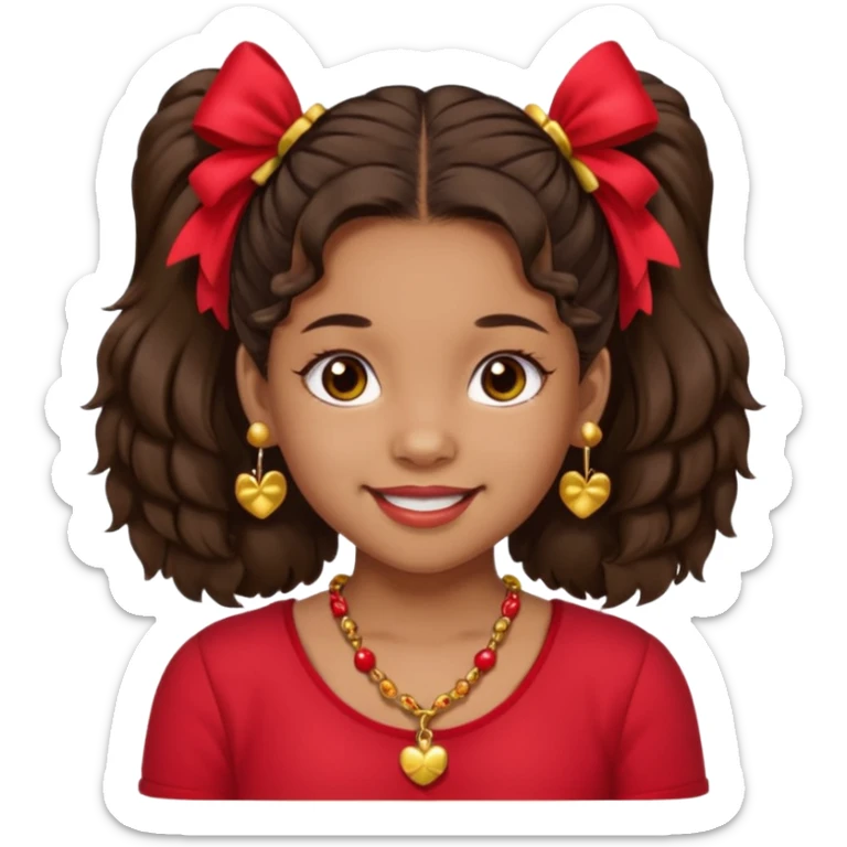 Brownskin girl dark brown hair fluffy. pigtails with red bows brown eyes smiling closed mouth red shirt gold esrrings gold necklace sticker