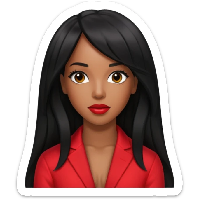 Kelly Rowland from Destiny's Child with long jet black hair, red outfit sticker