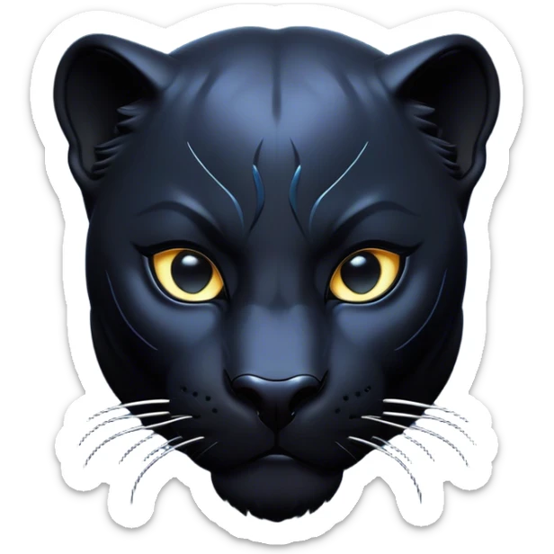 Cinematic Noble black Panther Portrait Emoji, Poised and regal, with a sleek, muscular build draped in glossy, midnight-black fur and piercing, luminescent eyes, Simplified yet sharp and sophisticated features, highly detailed, glowing with a soft, mysterious glow, high shine, intelligent and enigmatic, stylized with an air of stealthy authority, focused and commanding, soft glowing outline, capturing the essence of a watchful and confident jungle guardian that appears ready to prowl out of the screen with effortless authority! sticker