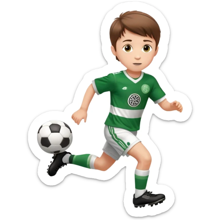 Celtic footballer jersey logo  6 years old brown hair white boy , brown eyes , stripes uniform , RUNNING  with soccer ball is number  17 celtic football logo  ONE CELTIC LOGO ONLY white shorts sticker