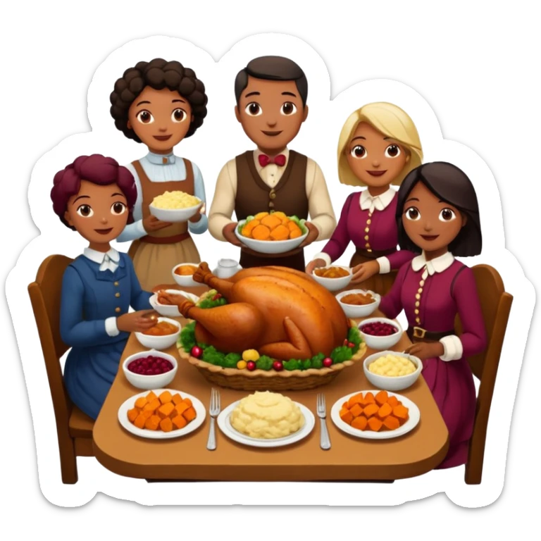 Thanksgiving Dinner with 10 people of different skin color around the table; have the food be a cooked turkey, mashed potatoes, corn, a basket of biscuits, a small bowl of cranberry sauce, baked yams, steamed vegetables, and a bottle of wine. sticker