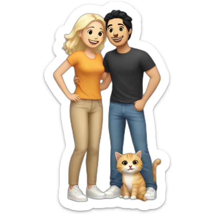 Gay couple, 1 Latino black hair and 1 Australian blonde hair with a cat in the middle laughing full body sticker