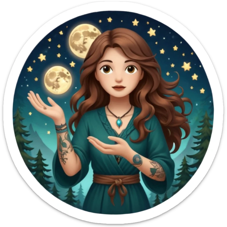 forest mystic woman long wavy brown hair tattoos catching falling moon spark in hands sticker