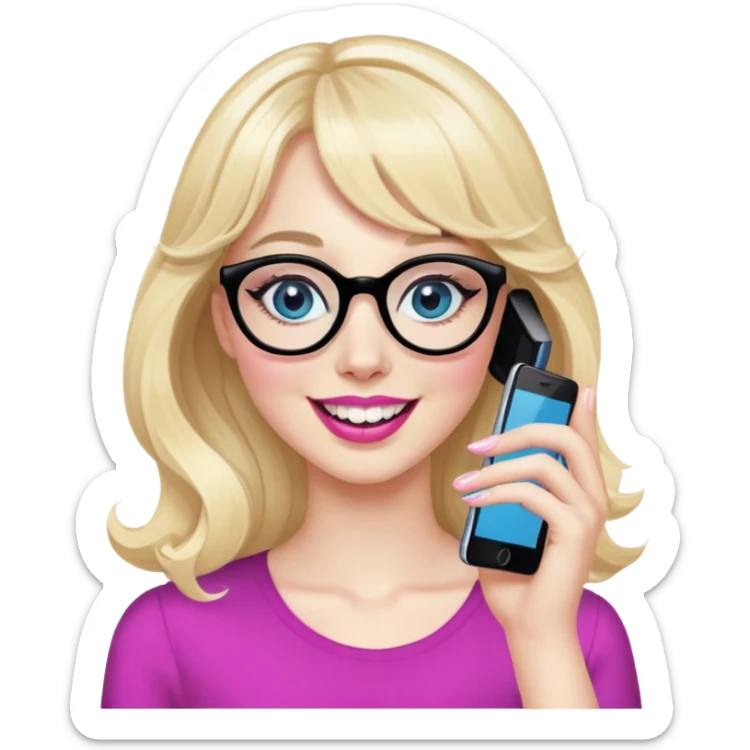 Pin up Woman with pale skin, wider face, blue eyes with eyeliner, thin eyebrows, long black eyelashes, pink lipstick, blonde wavy hair with bangs, wearing black glasses. Laughing on a mobile phone and waving  sticker