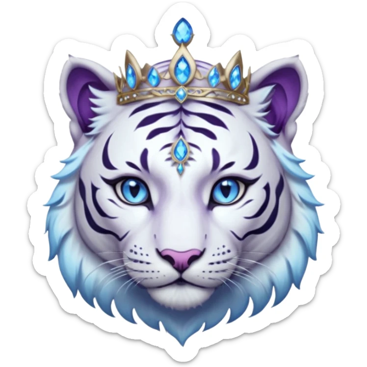 ESO Female white/black tiger khajiit leader of the umbral rose, glowing blue eyes, glowing blue 'third eye' gem; purple gemmed silver tiara sticker