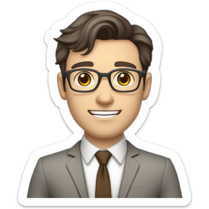 Pale skinned fit man with dark brown hair in gray jacket, beige office shirt, brown tie, brown pants and vintage glasses Writing on the flipchart sticker