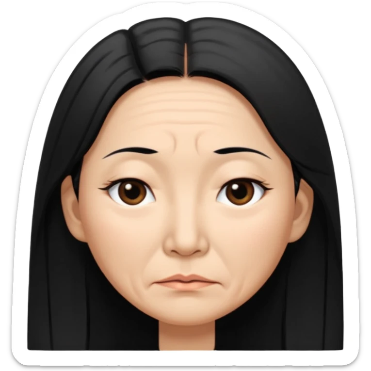 50 yr old asian woman, straight thick long black hair, big black, side part, tired sticker