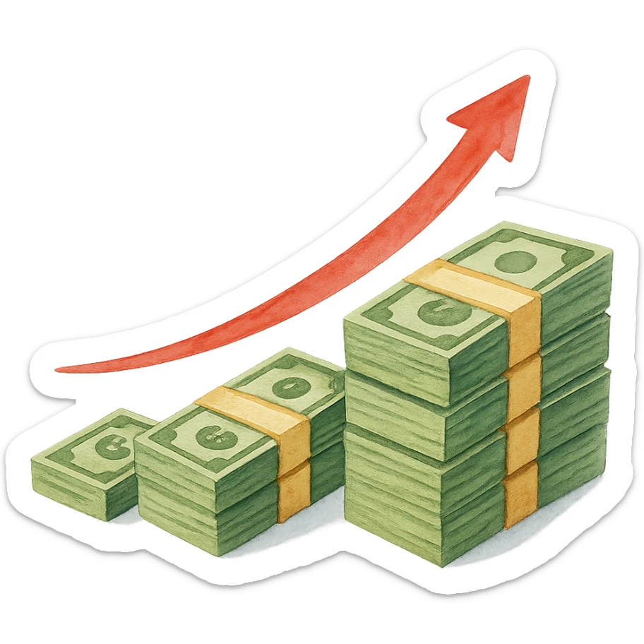 watercolor style upward trending arrow beside three stacks of bundled dollar bills in ascending height sticker