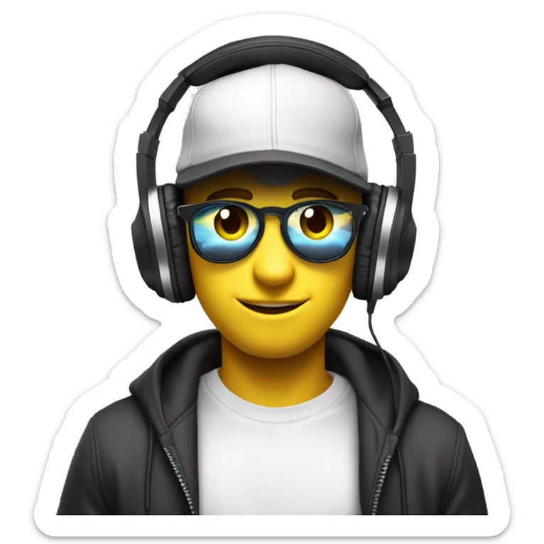 make a yellow circled classic emoji face that has a lot of swag with a snapback hat and headphones on listening to edm and put him on white backgrond, and make sure he is really into what he is listening to sticker