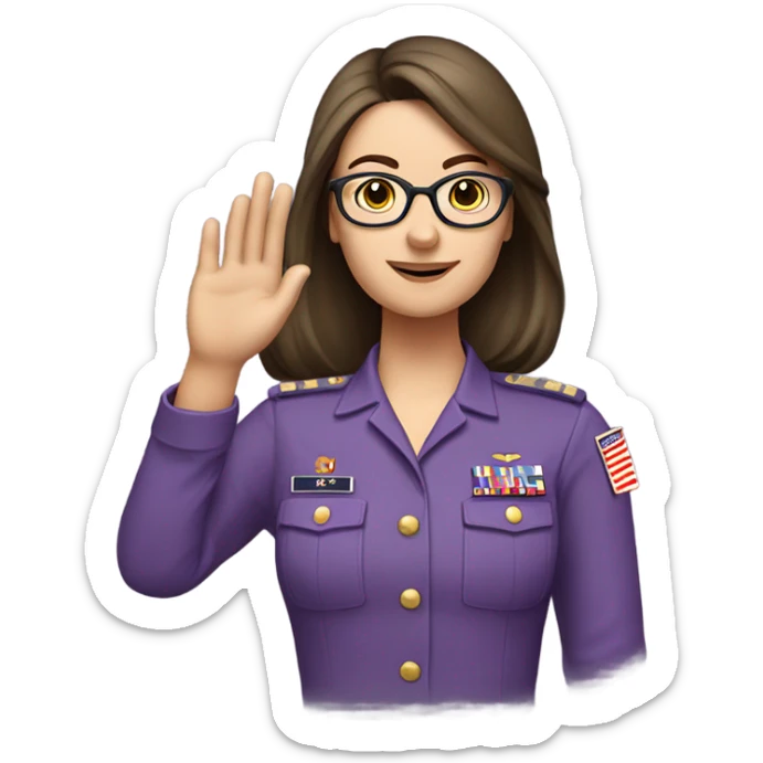 a caucasian brunette female, wearing a purple shirt and glasses, making the military salute gesture with her hand next to her head sticker