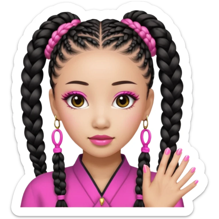 Une chinoise en Corée-du-Sud avec des faux ongles roses et des faux cils et des tresses africaines sticker