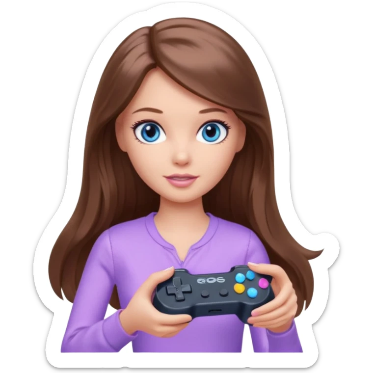 beautiful barbie girl with long brown hair, blue eyes and wearing light purple clothes playing console games with controller sticker