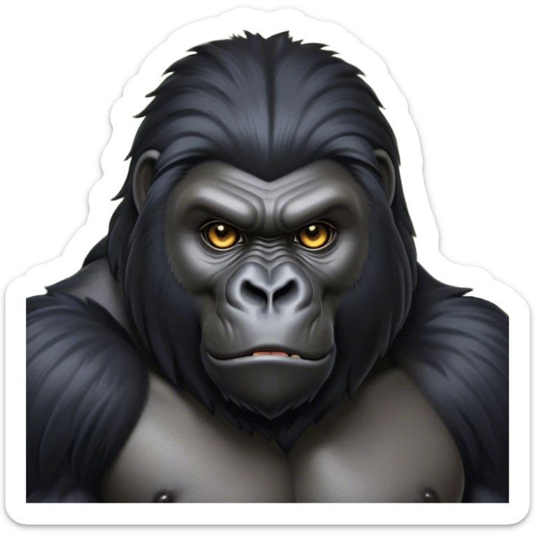 Cinematic Noble mountain Gorilla Portrait Emoji, Poised and majestic, with a powerful, muscular frame accentuated by a distinguished black and grey mane and piercing, wise eyes, Simplified yet sharp and sophisticated features, highly detailed, glowing with a soft, regal jungle glow, high shine, intelligent and commanding, stylized with an air of imperial strength, focused and resolute, soft glowing outline, capturing the essence of a watchful guardian that feels as though it could step out of the screen with effortless authority! sticker