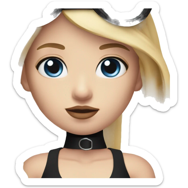 Woman with blue eyes, pink lips and long blonde straight hair. black swimsuit. black collar with metal ring around neck sticker