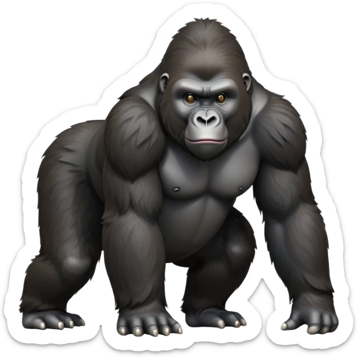cinematic-gorilla-realistic-full-body-on-all-fours-emoji,-exuding-strength,-thick-dark-fur-in-the-light,-head-tilted-dramatically,-deep-friendly-eyes-filled-with-intense-intelligence,-simplified-yet-realistic-focused-features,-highly-detailed, zoomed out friendly  sticker