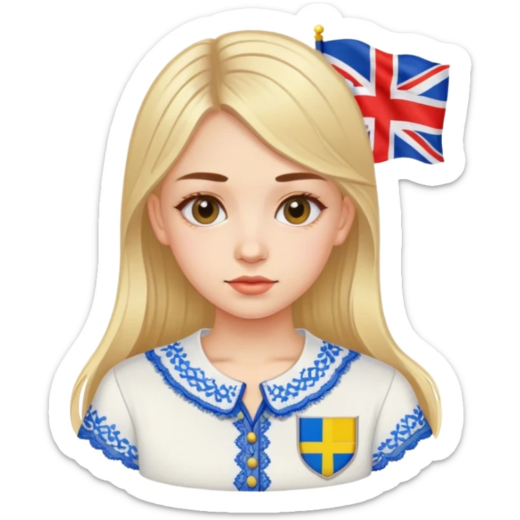 Ukrainian girl in an embroidered shirt against the background of the British flag sticker
