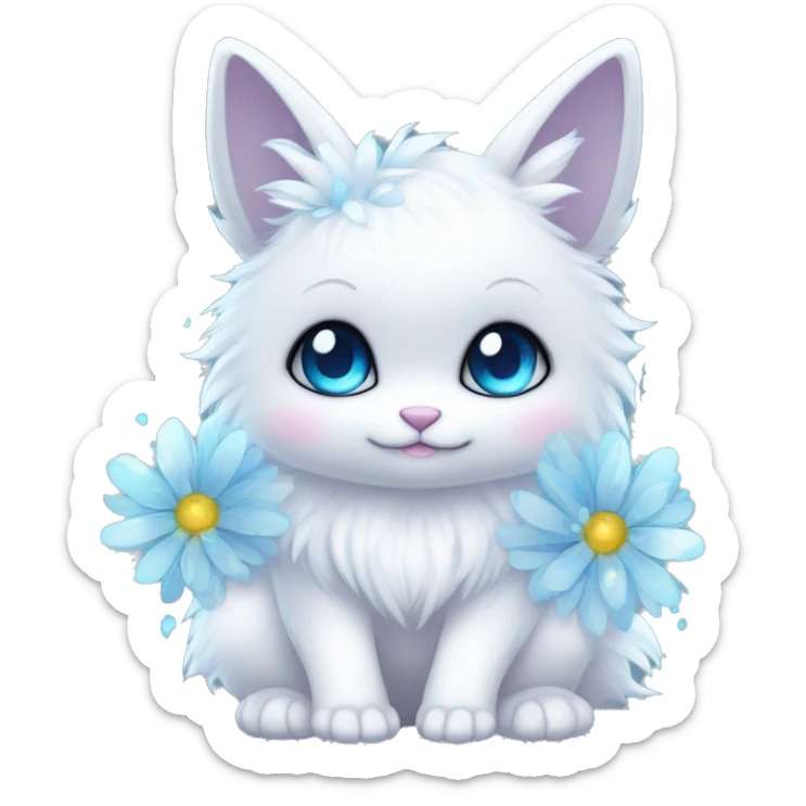 Edgy Cute Cool Kawaii gorgeous sparkly ethereal white fantasy animal creature with blue eyes furry sona with flowers and butterflies beautiful aesthetic sticker