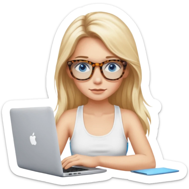 long blonde hair woman blue eyes with tortoise shell print glasses wearing white tank top on mac book  sticker