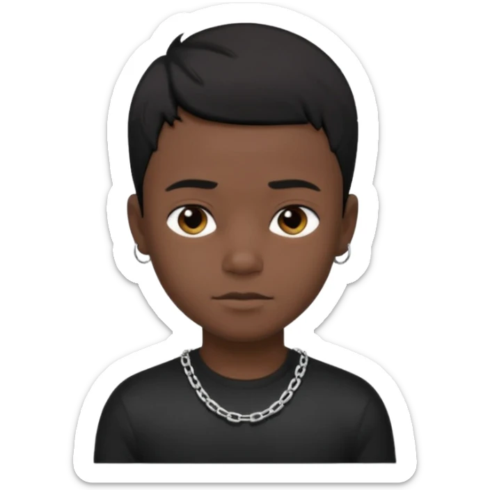 Generate a emoji of a black boy wearing a black compressed T-shirt with short black hair and make him wearing a silver chain and make the chain thin sticker