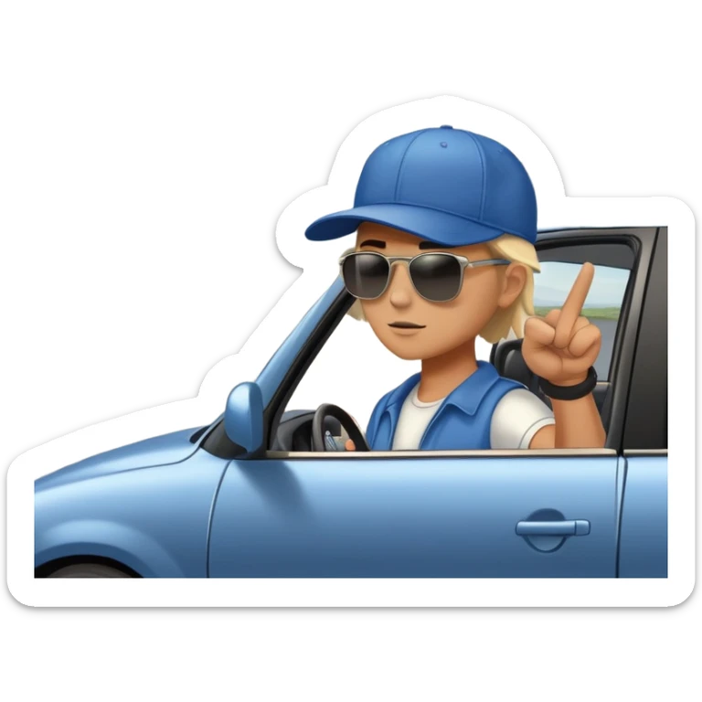 A person stands outside of to a car parked on the side of a long, open road. The sky ahead is clear and glowing, full of possibilities. One hand is on the steering wheel, the other points forward. The rearview mirror reflects storm clouds, but the windshield shows sunlit mountains ahead.  sticker