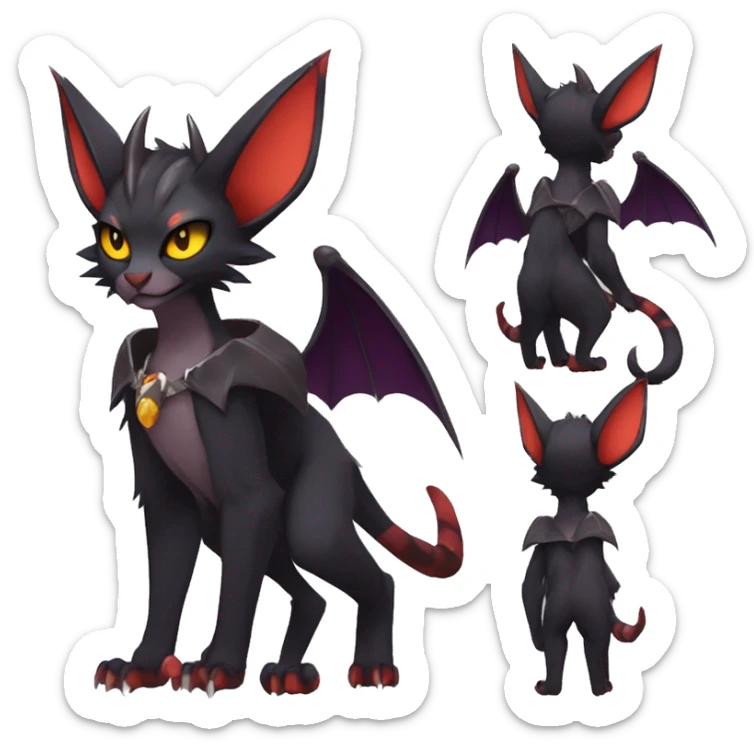Black cool vampiric anime style Noivern-Litten-Lykoi-Caracal-Fakemon with big bat ears full-body sticker