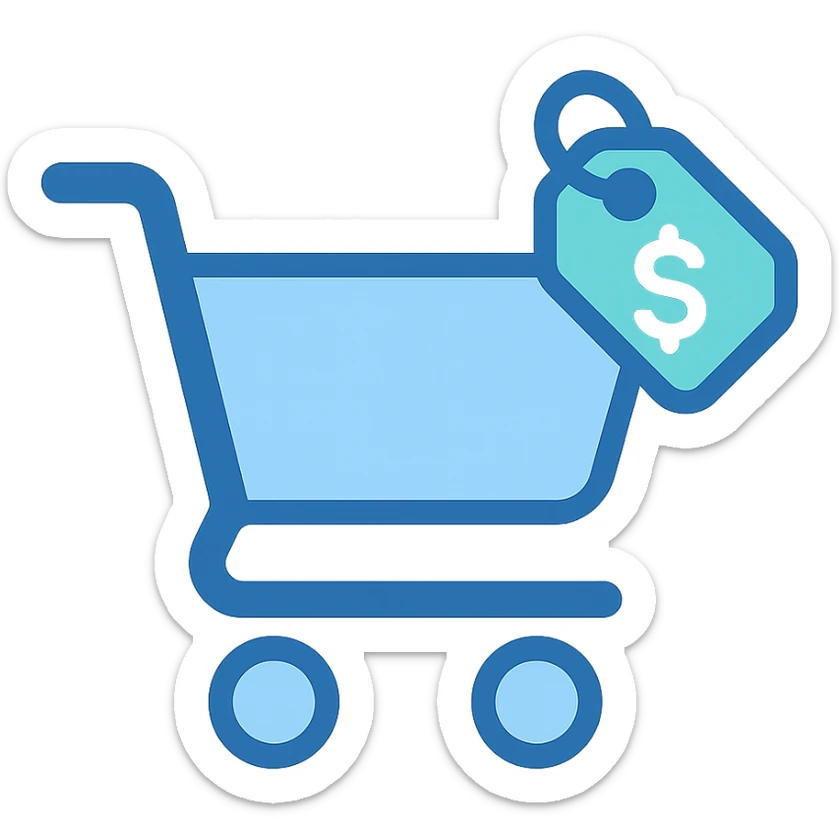 Shopping cart with a price tag, flat emoji style, outline with blue and turquoise colors sticker