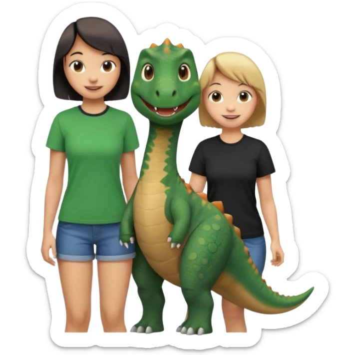 friendly cartoon dinosaur wearing a t-shirt standing next to a smiling young woman with short hair and green-black clothes both posing together sticker