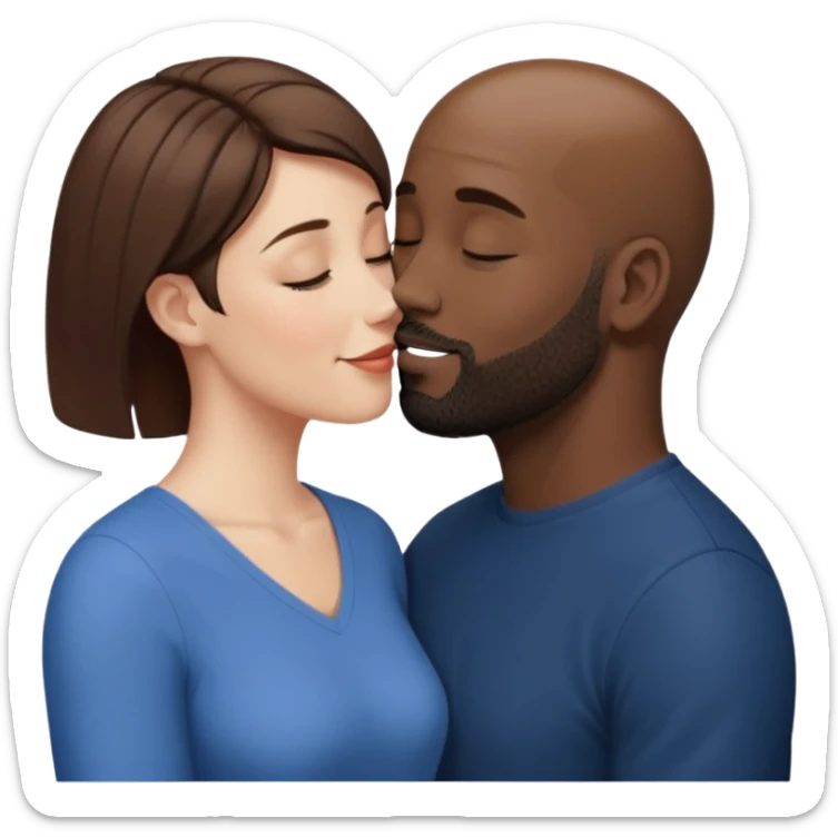 a white woman with short brown hair and a black man with no hair and a beard are facing one each other.  The woman is giving a kiss to the man's forehead sticker