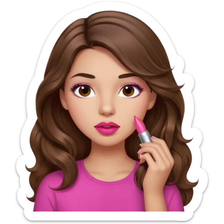 girl with long wavy brown hair, brown eyes, light to medium complexion, in a pink shirt, pink lips, long lashes, puckered lips, putting on lipstick sticker