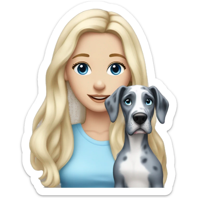 Blonde girl with blue eyes and long hair with a blue merle great dane dog sticker