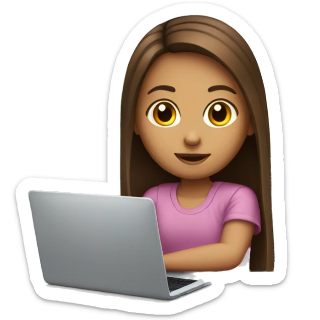 A young girl with straight brown hair is sitting at a desk with a laptop sticker