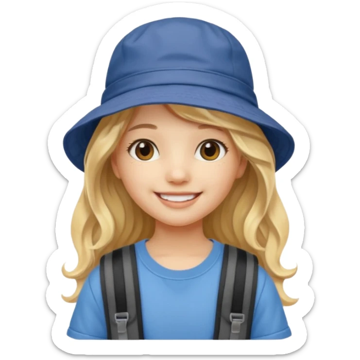 a young student girl with the backpack with bucket hat, blonde wavy long hair sticker