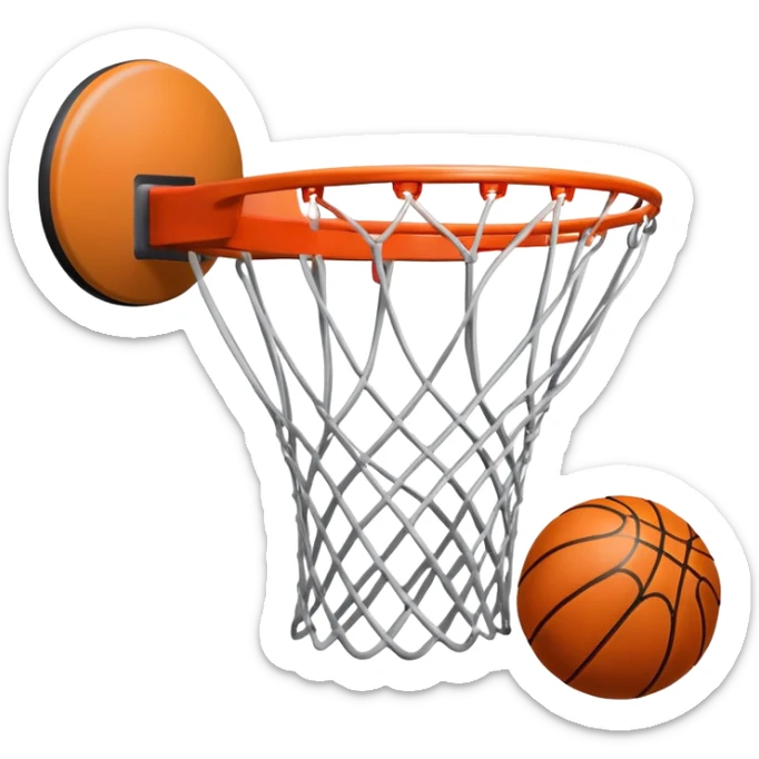 A close-up of a basketball shield and hoop with the ball swishing through the net, captured mid-air. The background emphasizes the tension and excitement of the moment, with the rim and net in sharp focus, showcasing the precision and skill of the sport. sticker