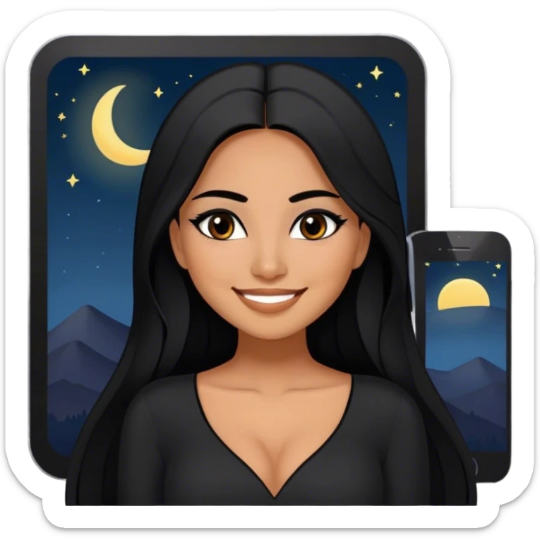 beautiful woman, with long straight black hair, with make up, black eye liner, smile, mexican, brown skin, wearing beautiful sexy black outfit, she’s wishing good night sticker