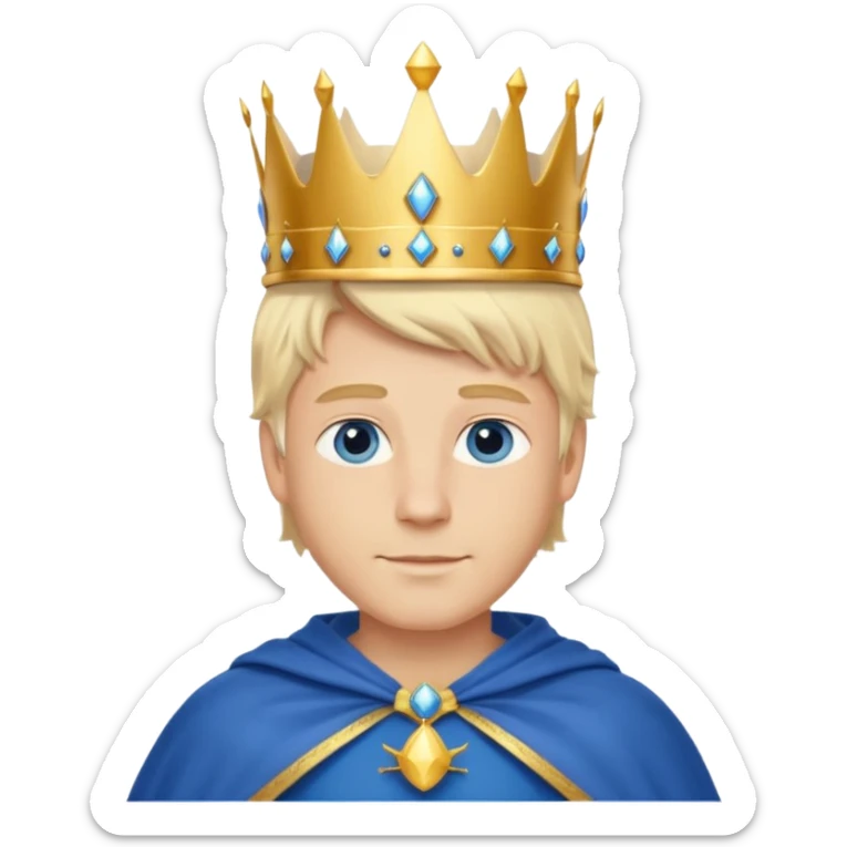 1 White king, blond hair, blue eyes, kind and benevolent vibe, gentle smile, wearing a crown and blue cloak emoji sticker