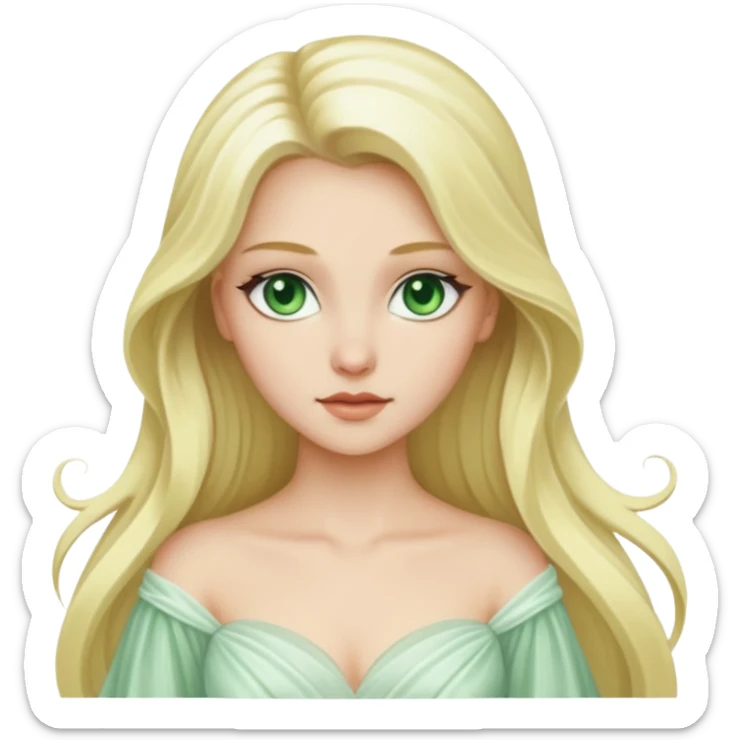 Desdemona from Otello with white skin, green eyes, long blonde hair, white outfit sticker