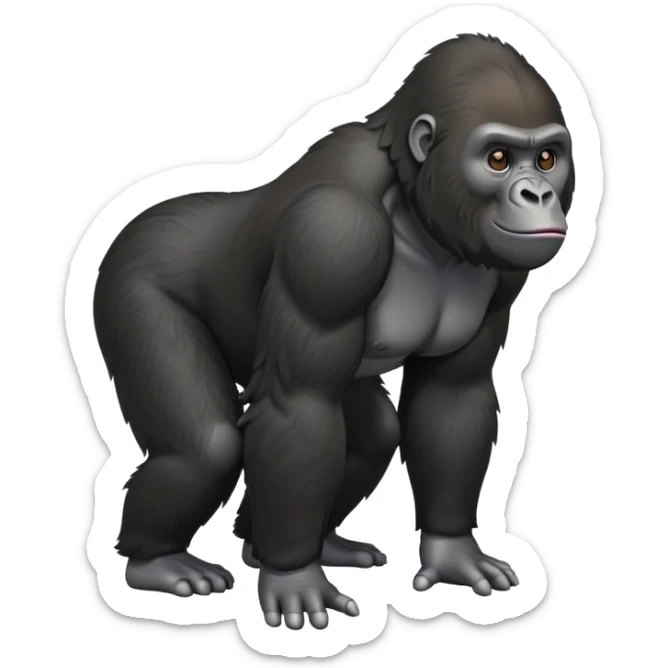 cinematic-friendly relaxed young gorilla-realistic-full-body-crouched on all fours on knuckles-emoji,-poised-with-confidence,-massive-arms-hanging-slightly-forward,-head-tilted-thoughtfully,-thick-black-fur, friendly ,-simplified-yet-realistic sticker