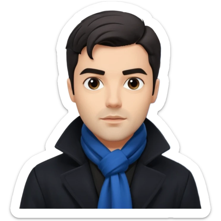 Sean Teale as Tristan Doctor wearing a long coat and scarf with a TARDIS in the background sticker