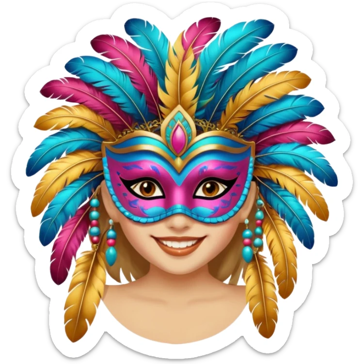 A girl wearing a decorated festival mask with bright feathers, smiling softly beneath it. sticker