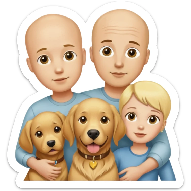 Young Bald man and bald woman with golden retriever and bald children sticker