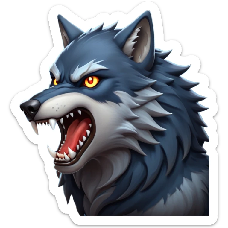 cinematic-noble-fierce-werewolf-howling-portrait-emoji, poised-and-imposing, with a fierce wolfish face tilted upwards in a haunting howl, glowing eyes full of primal ferocity, sharp, elongated fangs bared, and a rugged snout, fur rippling in shades of midnight black and silver, muscles tensed as the powerful howl echoes beneath the moonlit sky; rendered with realism, capturing the raw, untamed power of the beast in its wild, primal state sticker