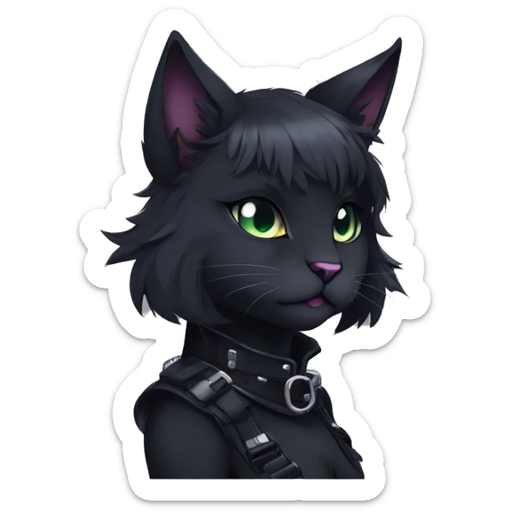 Gorgeous furry gothic dark techwear anime style anthro black cat furry sona Fakemon with blushing face aesthetic and pretty edgy black with collar and harness trending style sticker