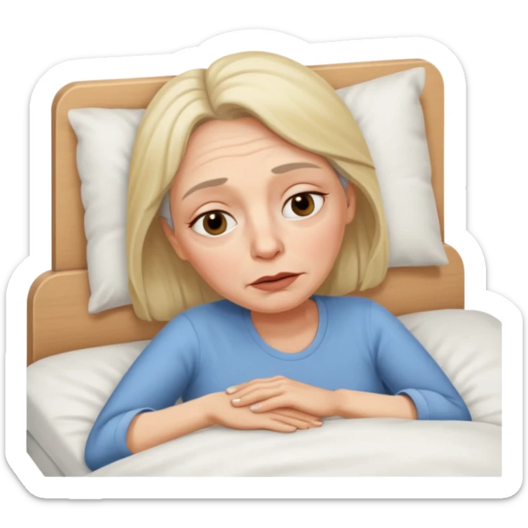 A 55-year-old woman lying in bed. She looks exhausted and desperate, with visible dark circles under her eyes, tired facial expression. sticker