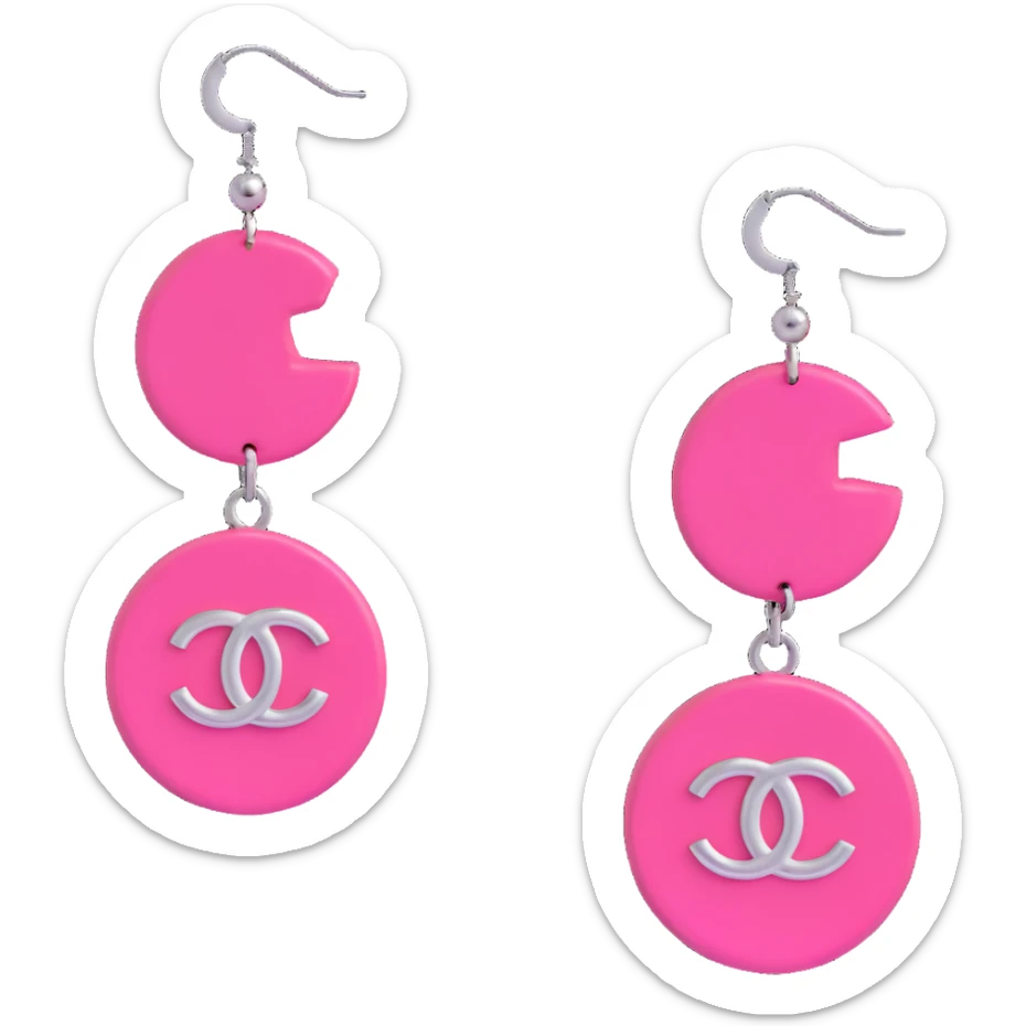 3D emoji-style hoop earrings in glossy pink with dangling silver Chanel logos, luxurious sticker