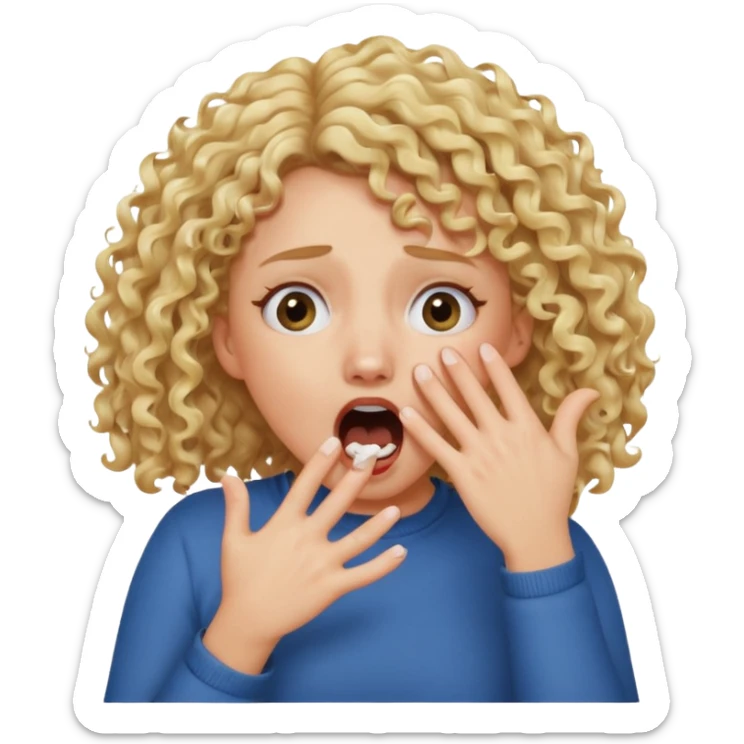 Emoji di ragazza bionda riccia che urla e mette una mano ben aperta in faccia davanti la bocca e gli occhi sticker