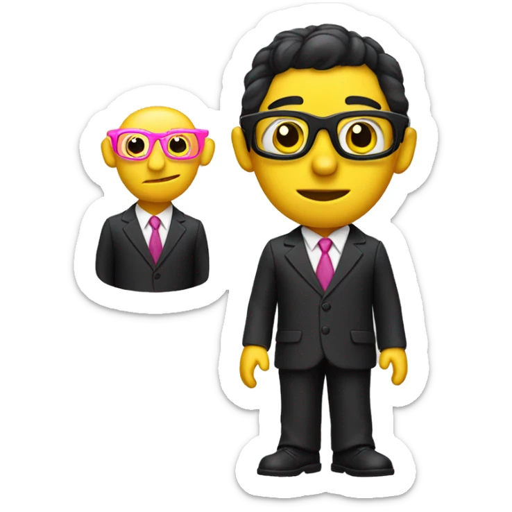 white pinocchio puppet with pink an yellow glasses, a big nose, black hair and a business suit. sticker