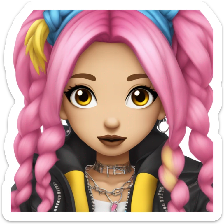 hime gyaru girl, blue eyes, hot pink and yellow split-dyed hair, dark makeup, punk clothes sticker