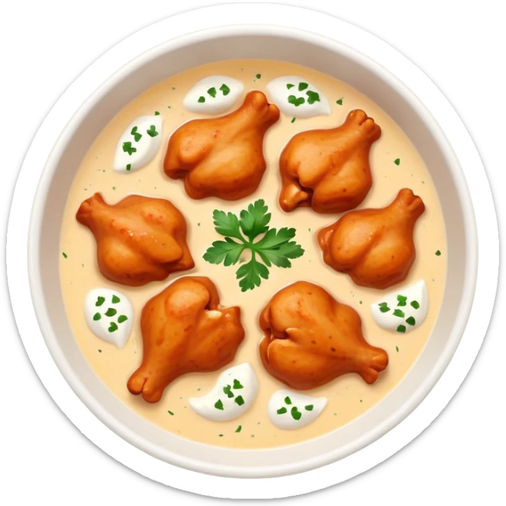 Butter Chicken Cinematic Realistic Butter Chicken Dish Emoji, depicted as tender chicken pieces sliced up and bathed in a creamy white sauce garnished with fresh cilantro, rendered with rich textures and vibrant, appetizing lighting. sticker