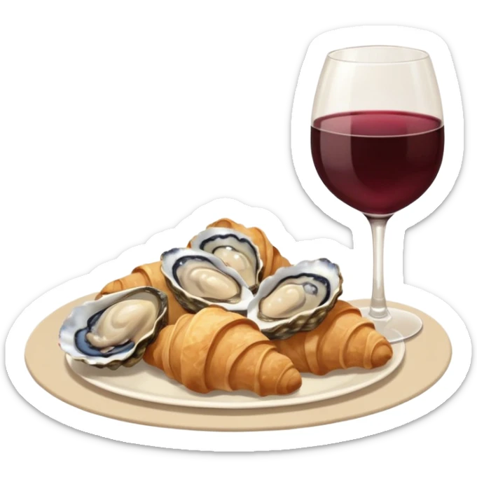 French cuisine humanless avatar in clean emoji-style illustration. Croissant, oysters and wine glass, soft beige tones, simple shapes, flat design, refined and cozy. sticker